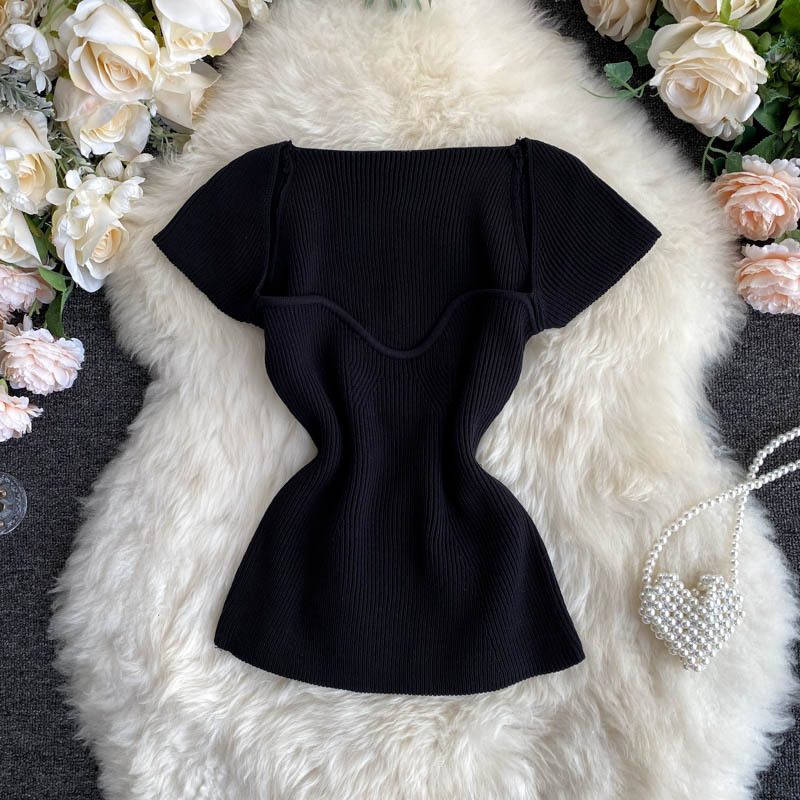 Net Red Basic Knit Short-Sleeved T-Shirt Goddess Sexy Low-Neck Tight-Fitting Waist All-Match Solid Color Pullover Top