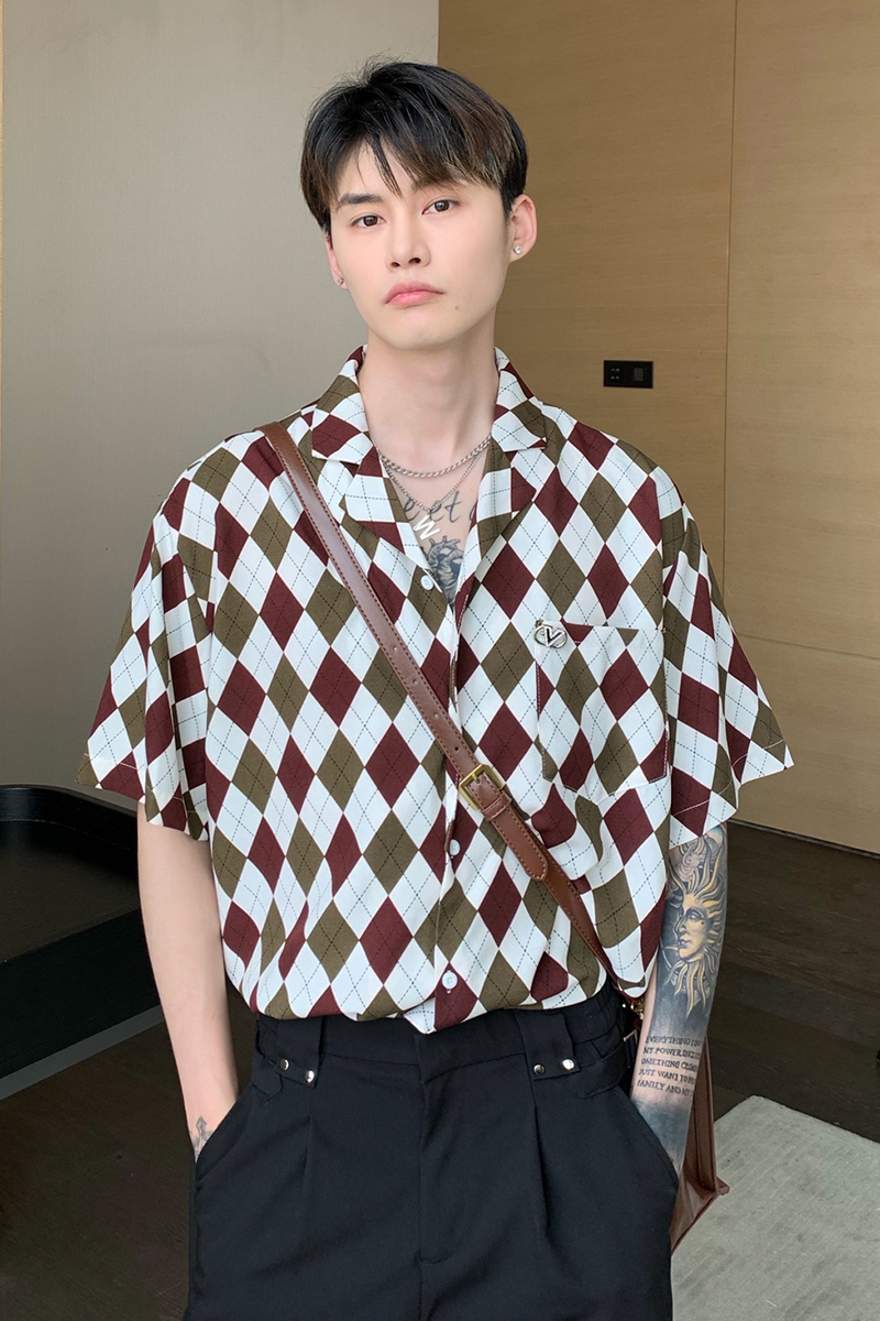Ancient Hit Color Plaid Shirt Men's Summer Korean Style Drape Handsome Detachable Brooch Flower Shirt