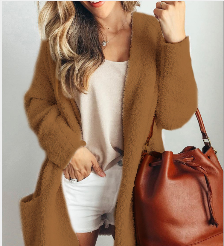 Solid Color Mid-thick Double-faced Fleece Long-Sleeved Mid-length Cardigan