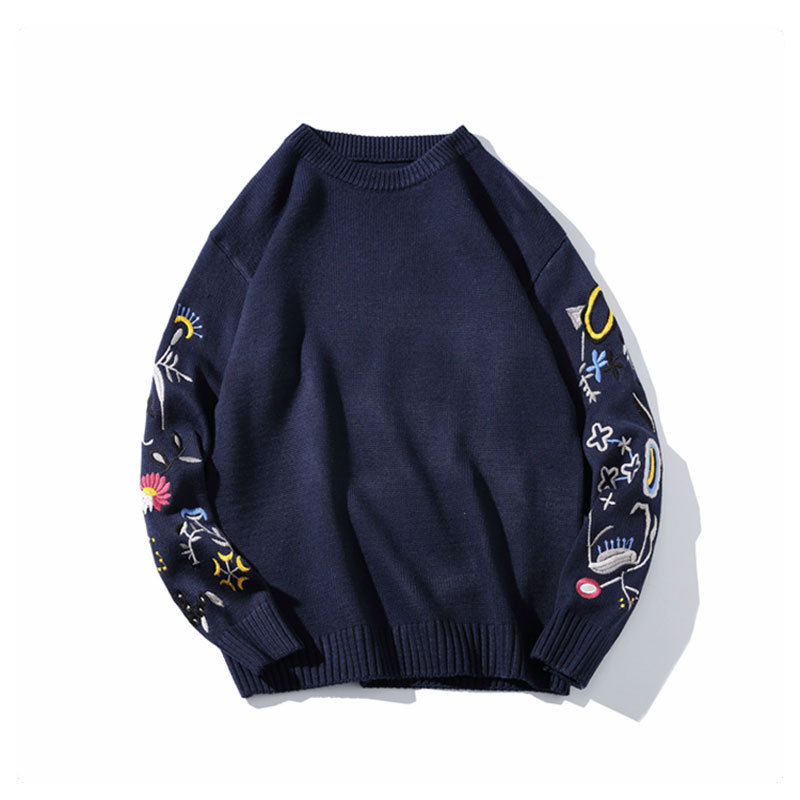 Sweater Men's Spring And Autumn Large Size Loose Round Neck Embroidered Sweater Harajuku Style All-Match Male Jacket Sweater