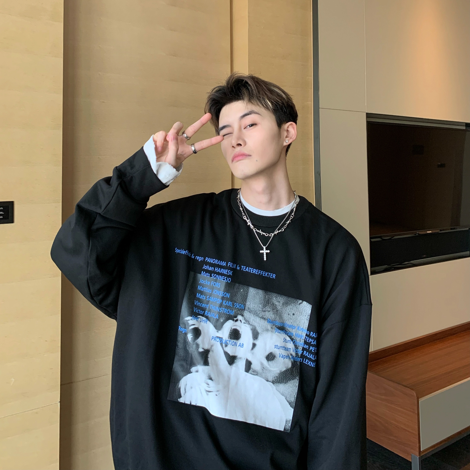 Cuibuju21Ss Spring Sweater Men'S Casual European And American Characters Hip-Hop Letter Printing Round Neck Long-Sleeved Sweater