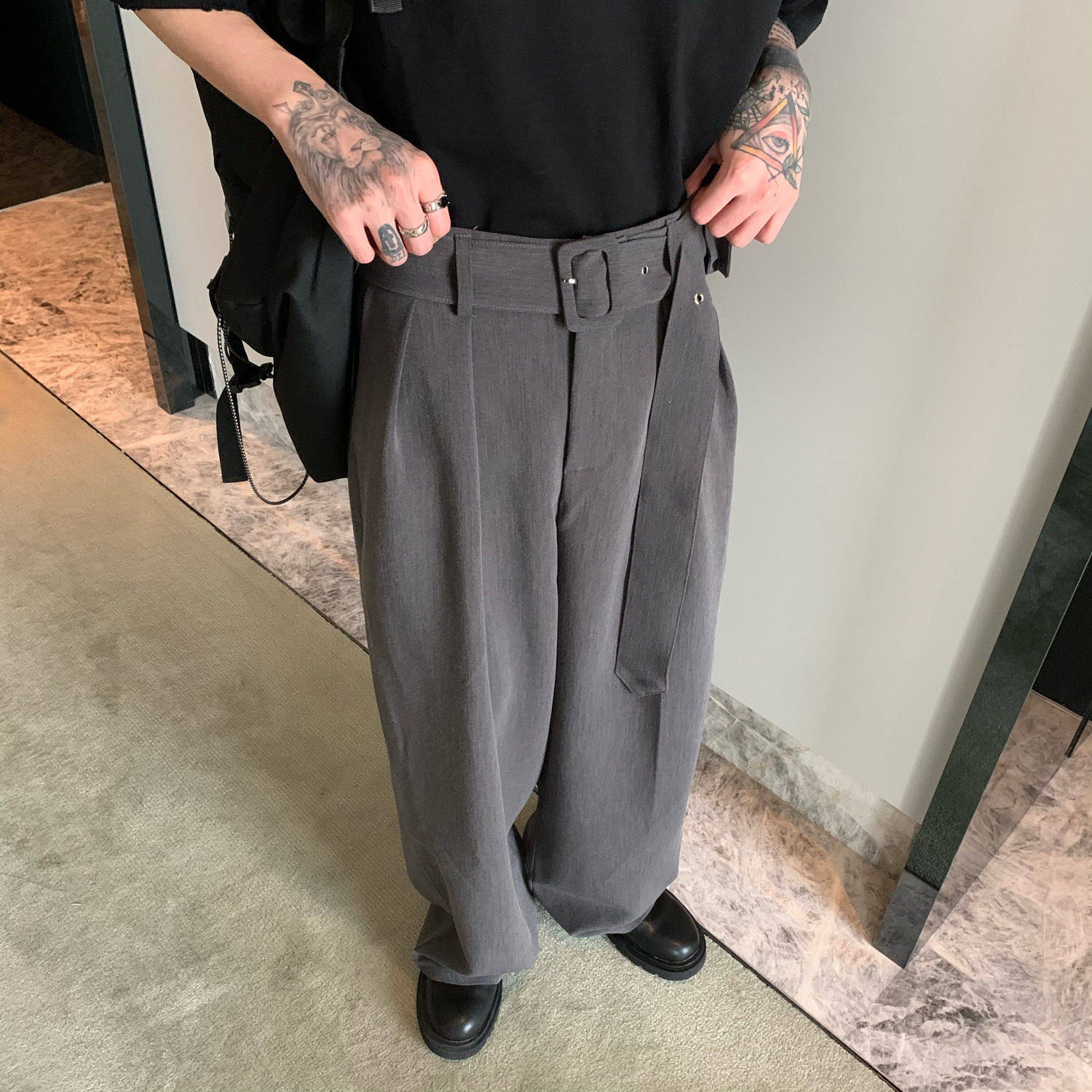 Solid Color Suit Trousers Men's Tie Up Texture Wide Leg Trousers With Card Holder