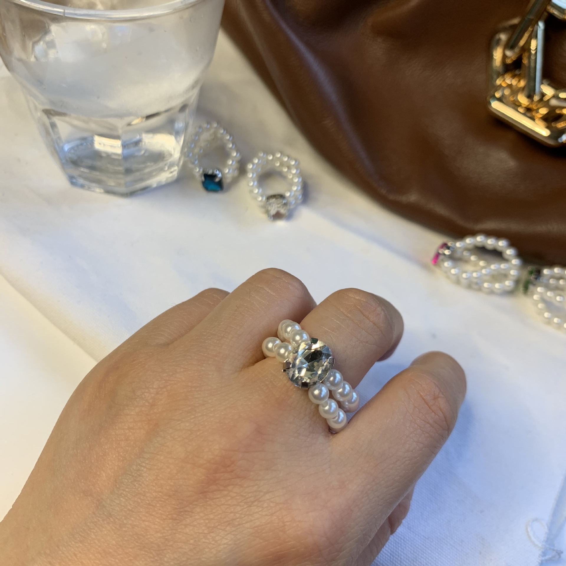 Korean Fashion Pearl Rhinestone Ring Female Exaggerated Personality Opening Index Finger Ring Temperament Handmade Bead Ring Tide