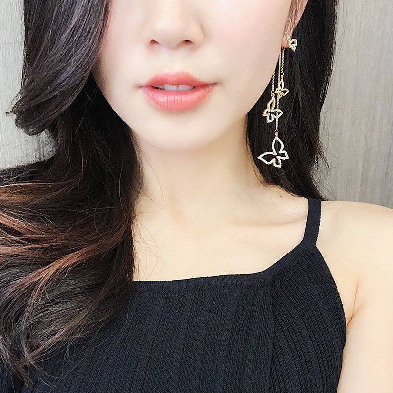 925 Silver Needle Butterfly Asymmetrical Earrings with Diamonds