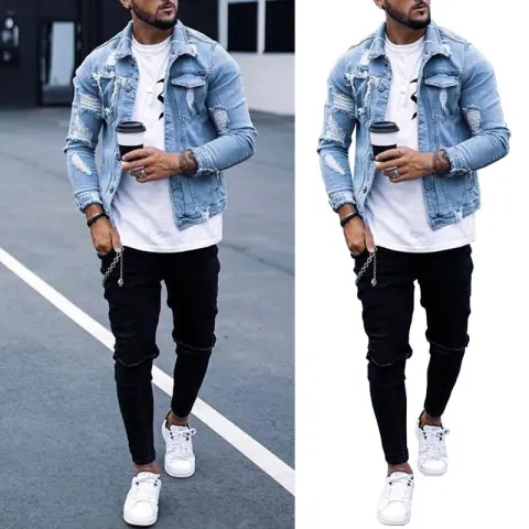 Lapel Men's Denim Jacket Ripped Irregular Washed