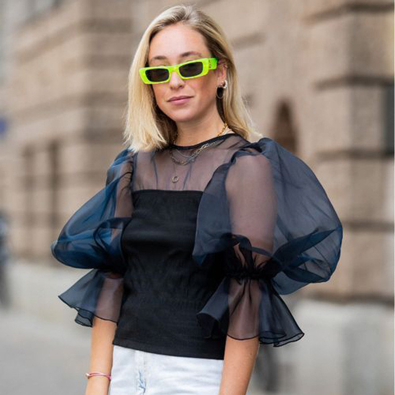 Round Neck Sexy See-through Tulle Lantern Sleeve Shirt Top