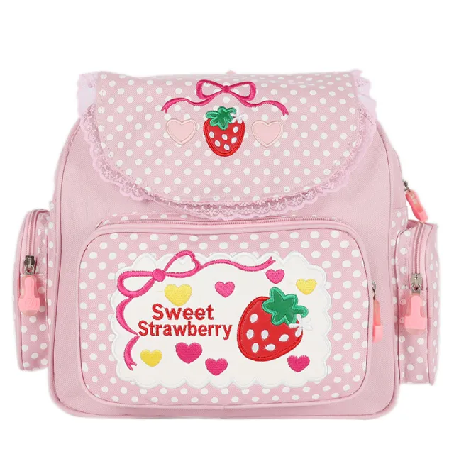 Cute Embroidery Fruit Strawberry Lace Girl Student Backpack Pink - Shop at LoveMi