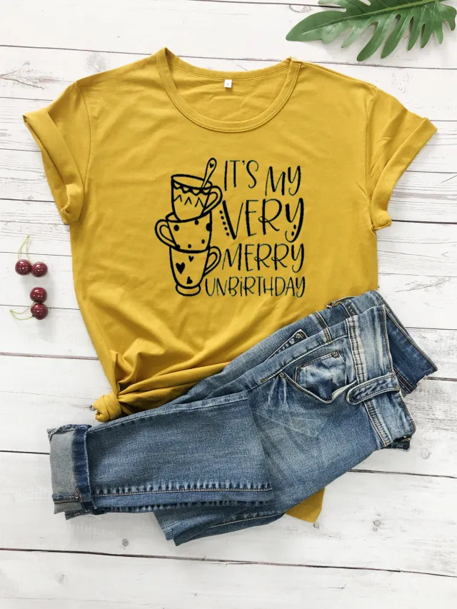 It'S My Very Merry Unbirthday Foreign Trade T Shirt European And American Trend Graphic Short Sleeve Brown - Shop at LoveMi