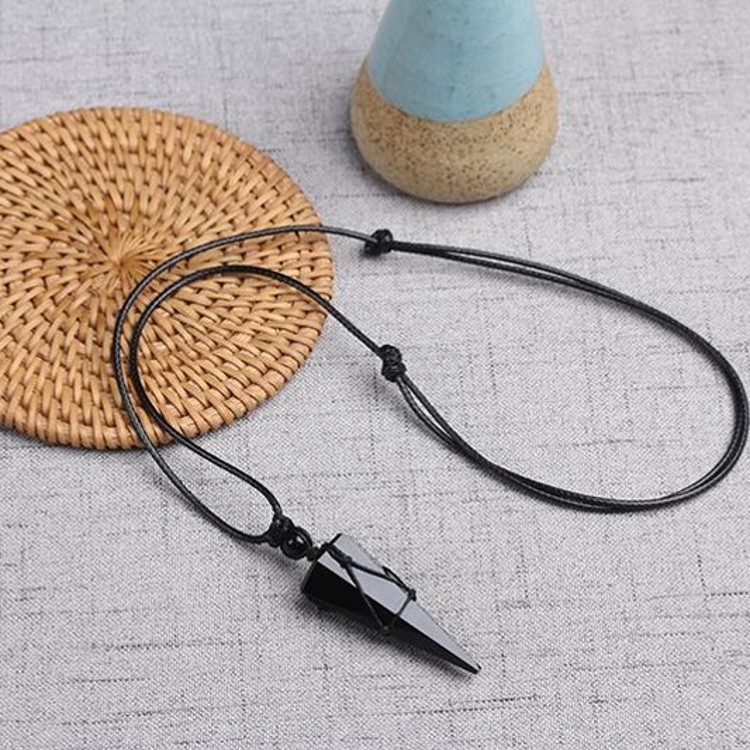 Natural Crystal Obsidian Pendant Starry Sky Spirit Pendulum Couple Sweater Necklace Long Men's and Women's Fashion Jewelry