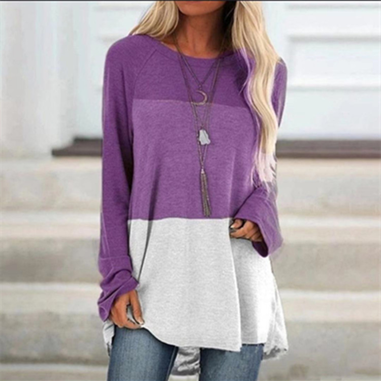 Casual Round Neck Long Sleeve Color Block Print Pullover Loose Top