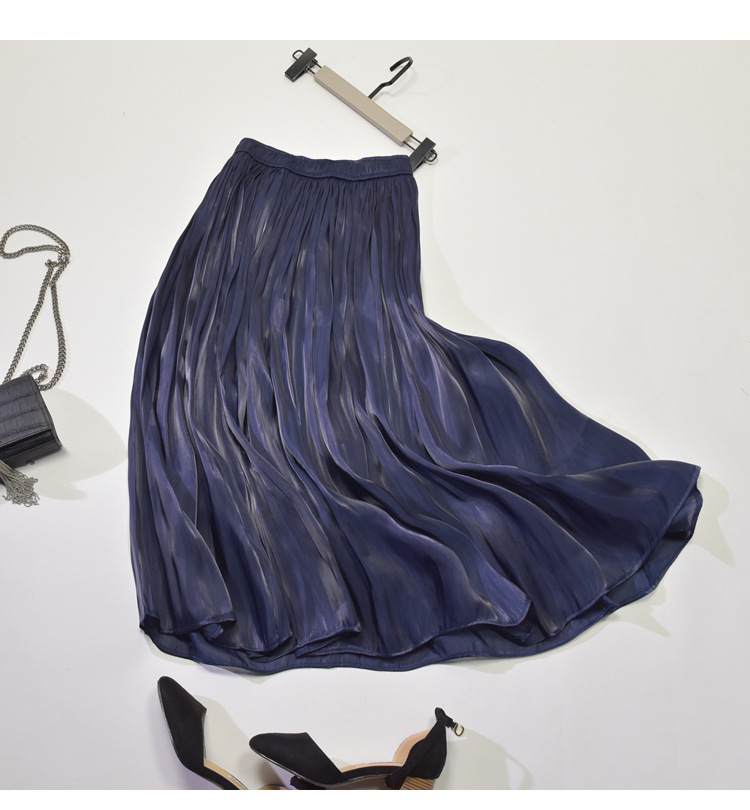 Mid Length Mid Length Autumn A Line Gentle Wind Pleated Satin Half Skirt Navy - Shop at LoveMi