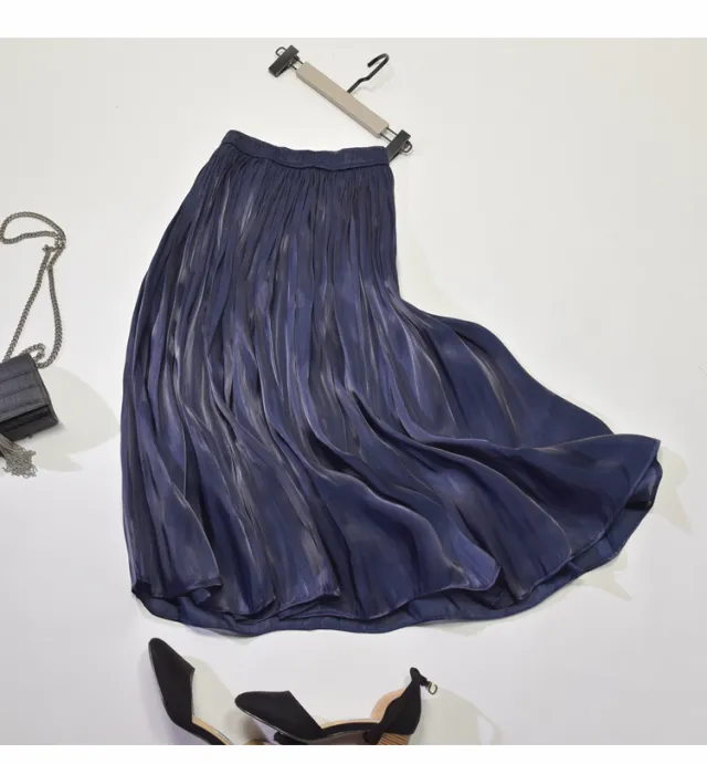 Mid Length Mid Length Autumn A Line Gentle Wind Pleated Satin Half Skirt Blue - Shop at LoveMi