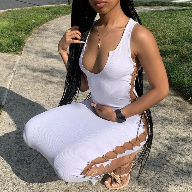 European And American Style Women's New Summer Fashion Sexy V-Neck Side Stitching Sleeveless Dress