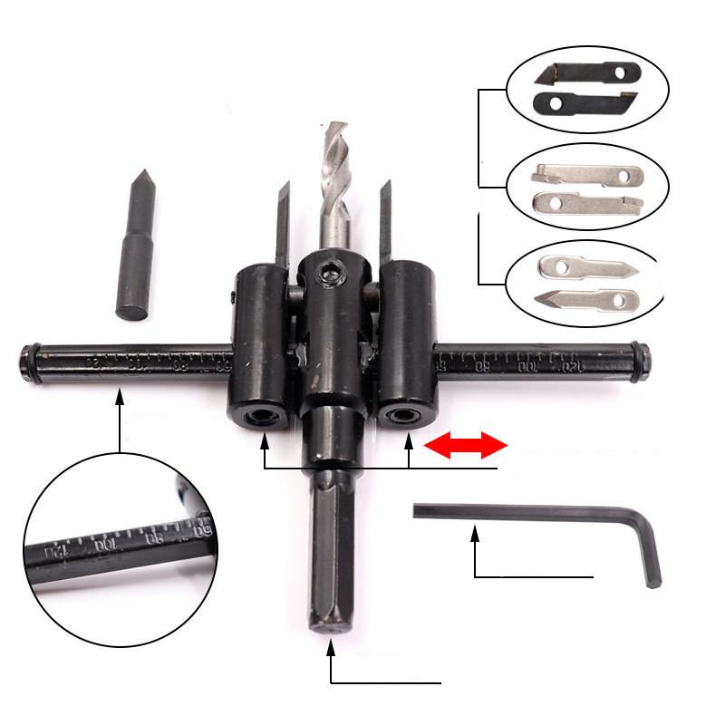 LUBAN Adjustable Metal Wood Circle  Drill Bit Cutter Kit DIY Tool 30mm-120mm Black Alloy Blade 30mm-200mm 30mm-300mm