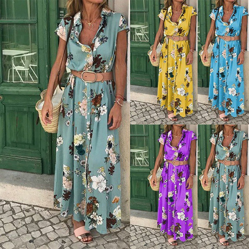 Retro Ethnic Pattern Holiday Style V-neck Loose Belt Long Dress