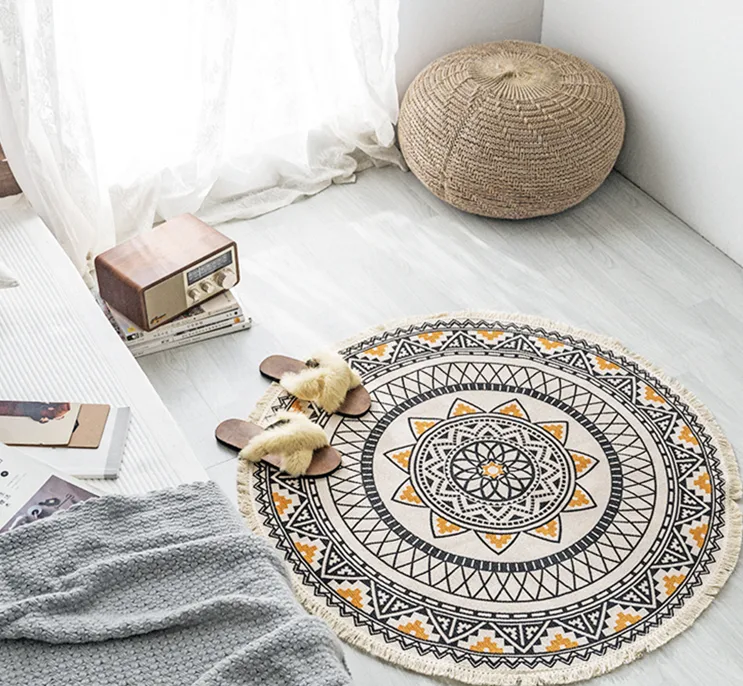 Round Hand-Woven Carpet Tassel Edge Simple Line Coffee Table