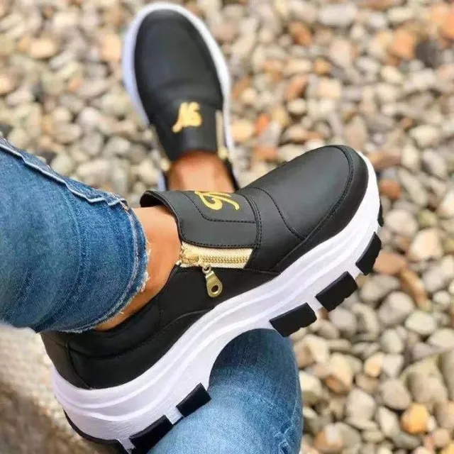 Round Toe Flat Heel Low Top Double Zipper All Season Loafers Black - Shop at LoveMi