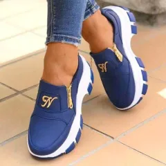 Round Toe Flat-Heel Low-Top Double Zipper All-Season Loafers - Blue - View 1
