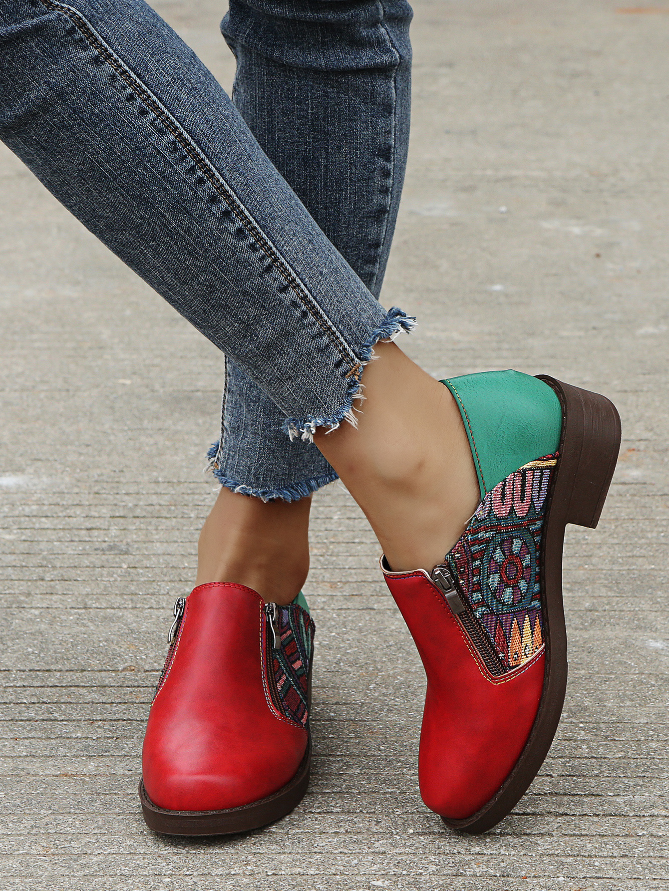 Round Toe Color-Blocking Roman Style Low-Cut Square Heel Low-Heel Women'S Single Shoes