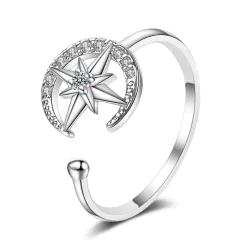 Stile Giapponese Di Donna Semplice Diamante In Linea Stella Luna Aperto Anello Di Moda Singolo Anello Di Moda - Platino - View 1