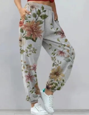 Women's Fixed Flower Loose Casual Trousers Grey C - Shop at LoveMi
