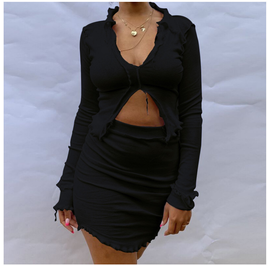 Spring And Autumn Women'S Long-Sleeved Lapel T-Shirt Sexy Bag Hip Skirt Casual Suit