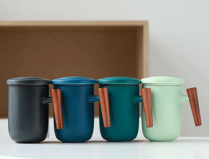 Household Tea Cup With Lid Tea Water Separation Filter Cup Creative Wooden Handle Water Cup Ceramic Office Cup