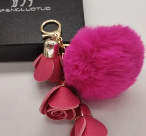 Cute Pompom Ball PU Rose Key Chains Handmade Fur
