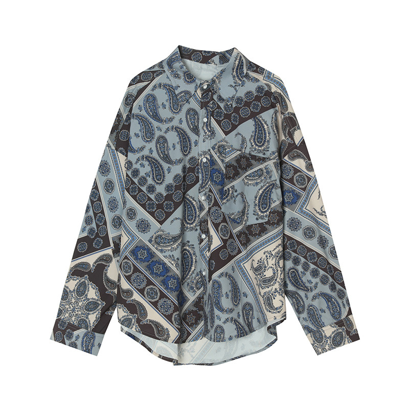 Cashew Flower Loose Shirt Men's Retro Totem Print Long Sleeve Shirt