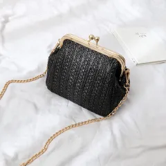 Messenger Bag Chain One Shoulder Fashion Clip On Straw Bag - Black - View 1