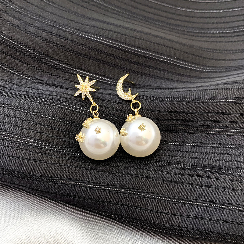 Asymmetric Star And Moon Pearl Sterling Silver Earrings