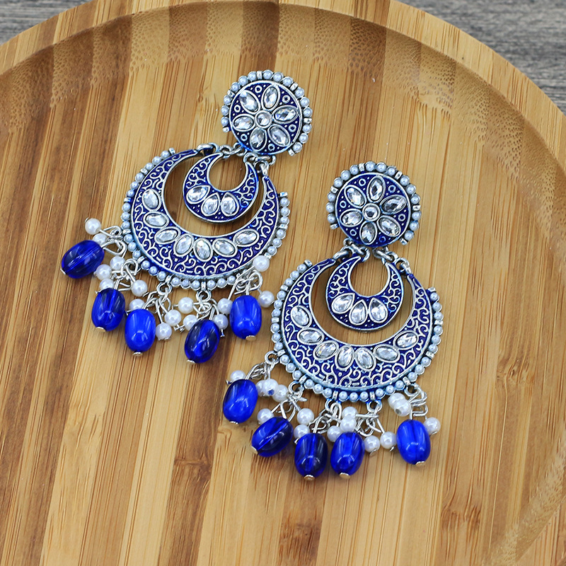 New Indian Style Double Crescent Earrings Rhinestone Tassel Long Earrings Retro Ladies Earrings