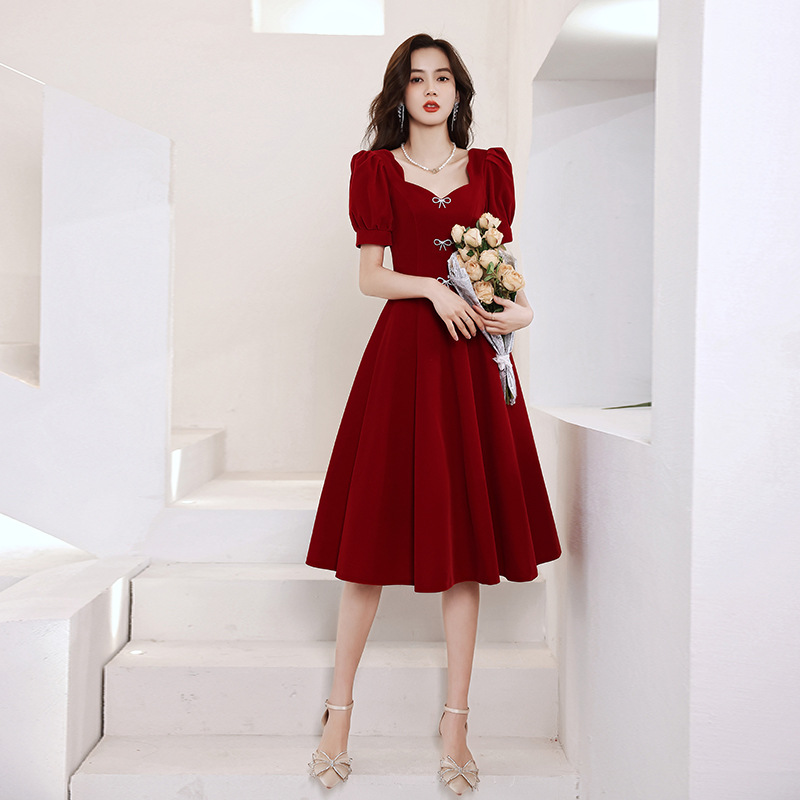 Toast Dress Bride Summer Engagement Dress Dress Wedding Little Girl French Short Sleeves Wine Red - Shop at LoveMi