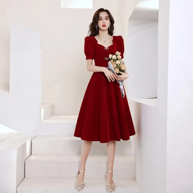 Toast Dress Bride Summer Engagement Dress Dress Wedding Little Girl French Short Sleeves Wine Red - Shop at LoveMi