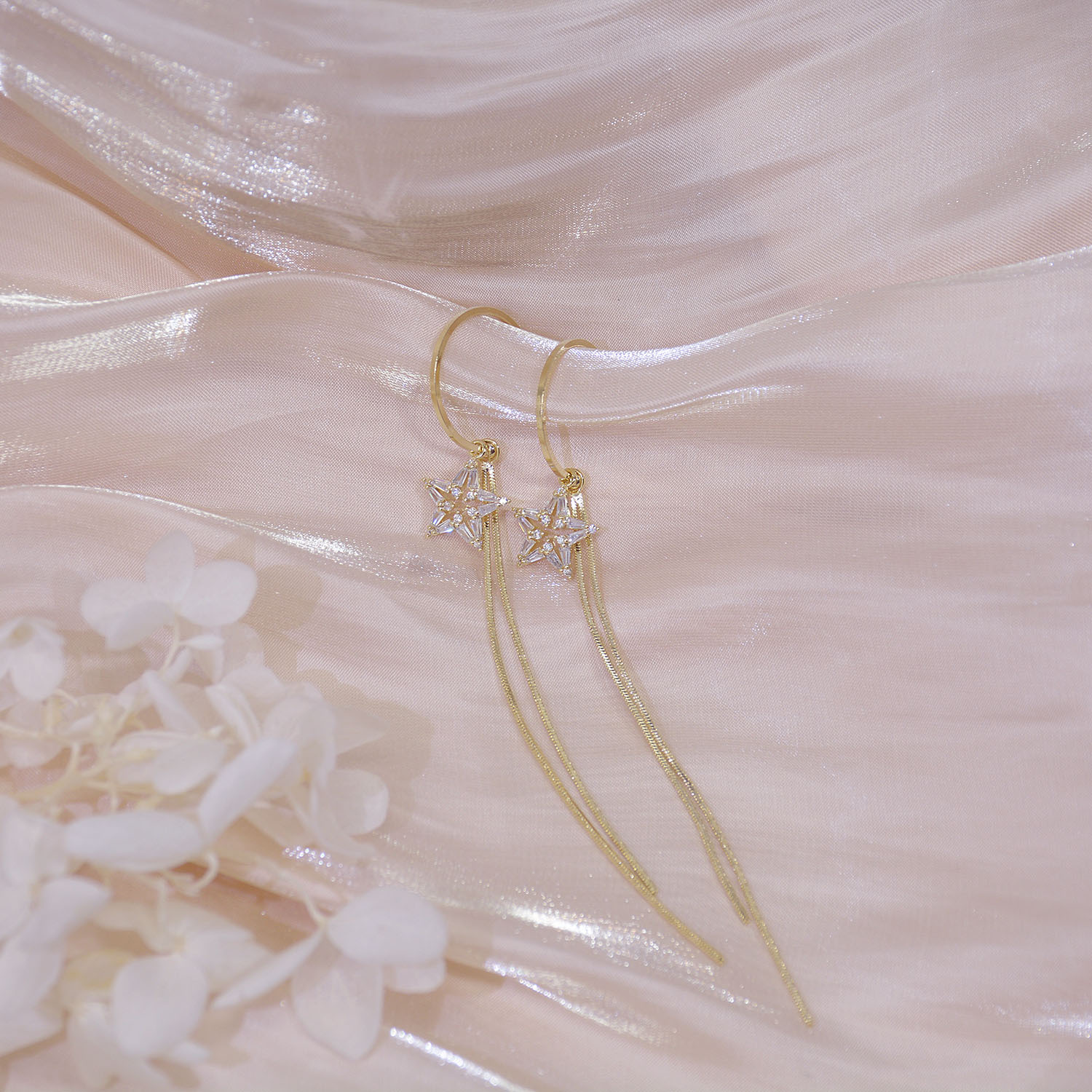 S925 Silver Needle Exquisite Five-Pointed Star Zircon Long Tassel Chain Temperament Earrings Female Earrings