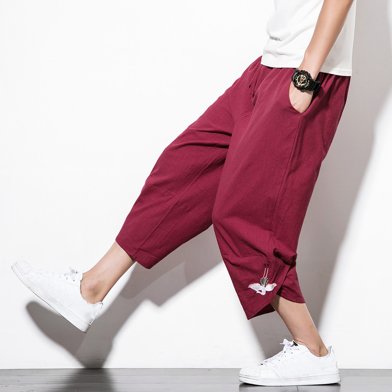  Summer New Harem Pants Men's Cotton And Linen Pants Solid Color Embroidery Cropped Pants Chinese Style Wide Leg Pants Bloomers