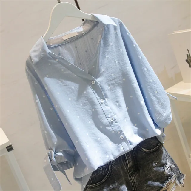 Polka Dot Sweet Fashion Shirt Women Summer New Style V Neck Loose Tie Short Sleeved Korean Shirt Women Blue - Shop at LoveMi