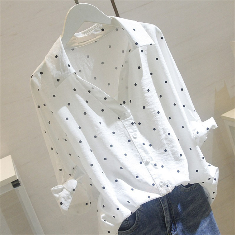 Polka Dot Sweet Fashion Shirt Women Summer New Style V-Neck Loose Tie Short-Sleeved Korean Shirt Women