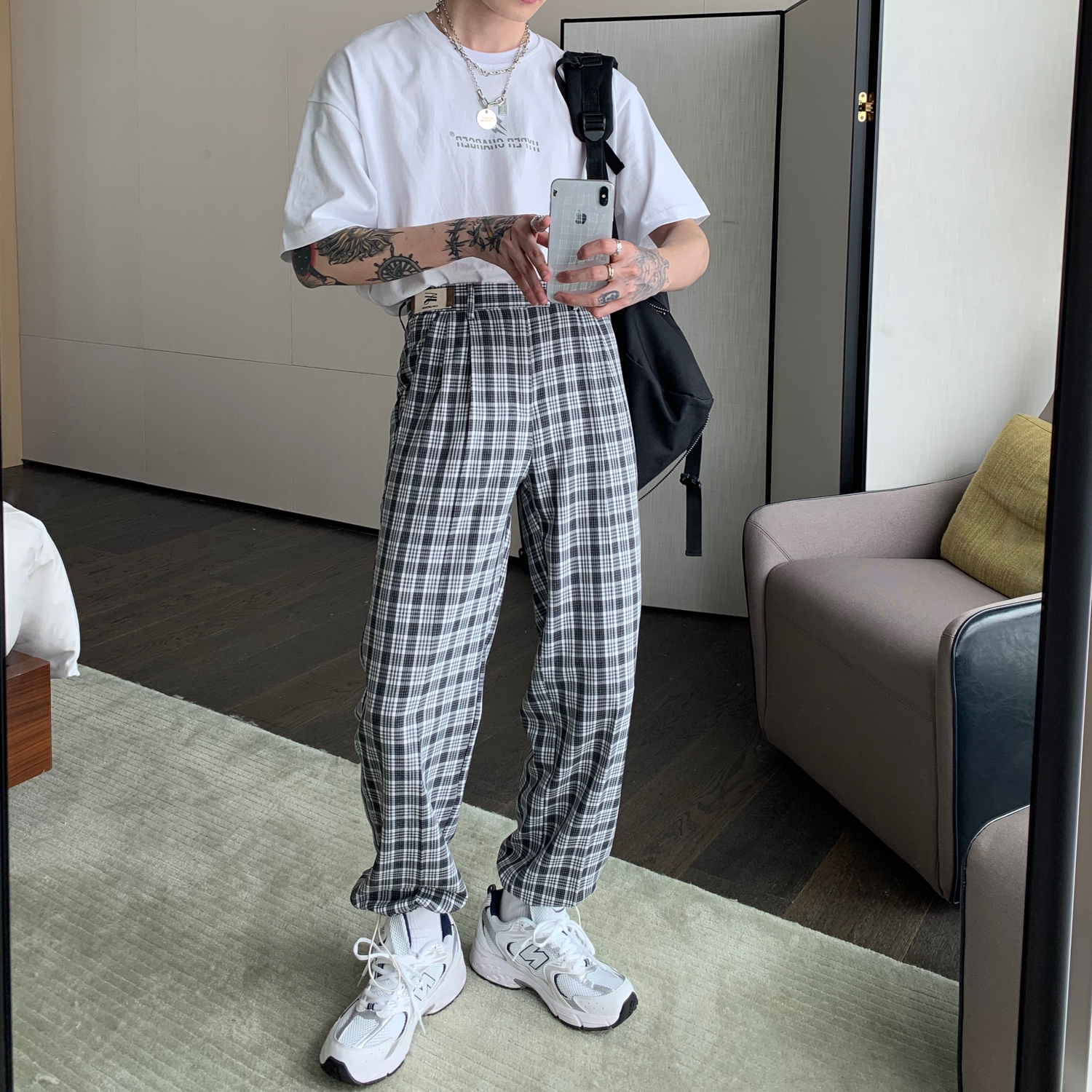 Casual Plaid Trousers Men'S Korean Style Loose And Versatile Straight Five-Point Pants