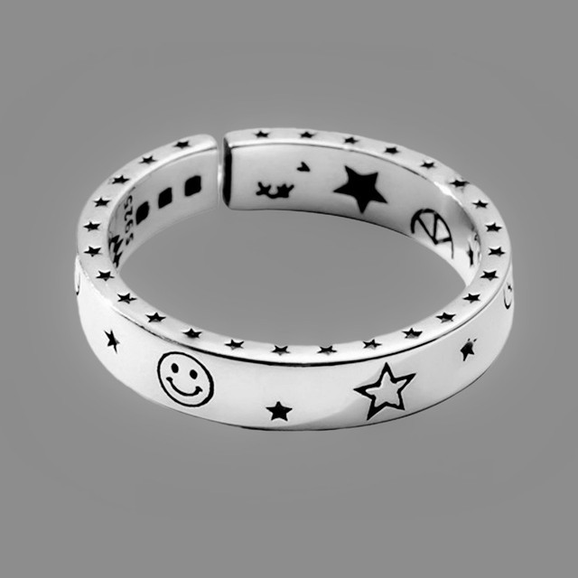 Retro Fashion Moon Star  Ring Female Ring Jewelry And Old Thai Silver Smiley Ring