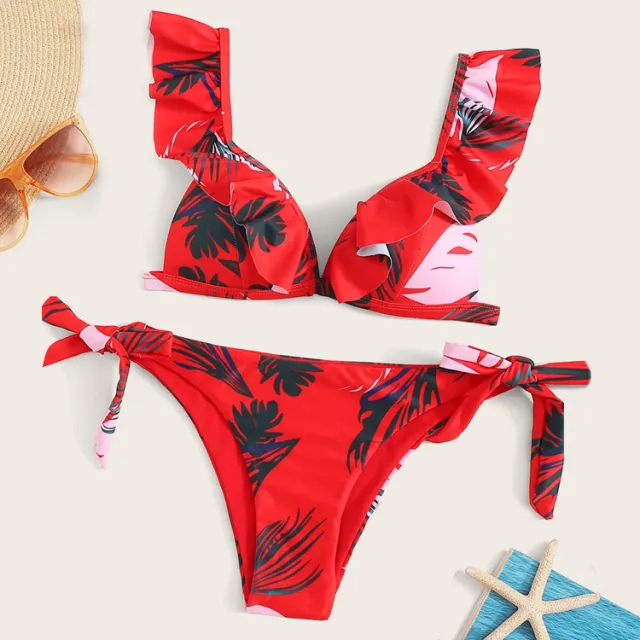 Ladies Split Solid Color Ruffled V Neck Sexy Bikini Swimsuit Leaves L - Shop at LoveMi