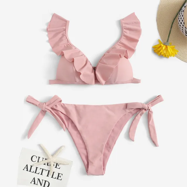 Ladies Split Solid Color Ruffled V Neck Sexy Bikini Swimsuit Pink - Shop at LoveMi