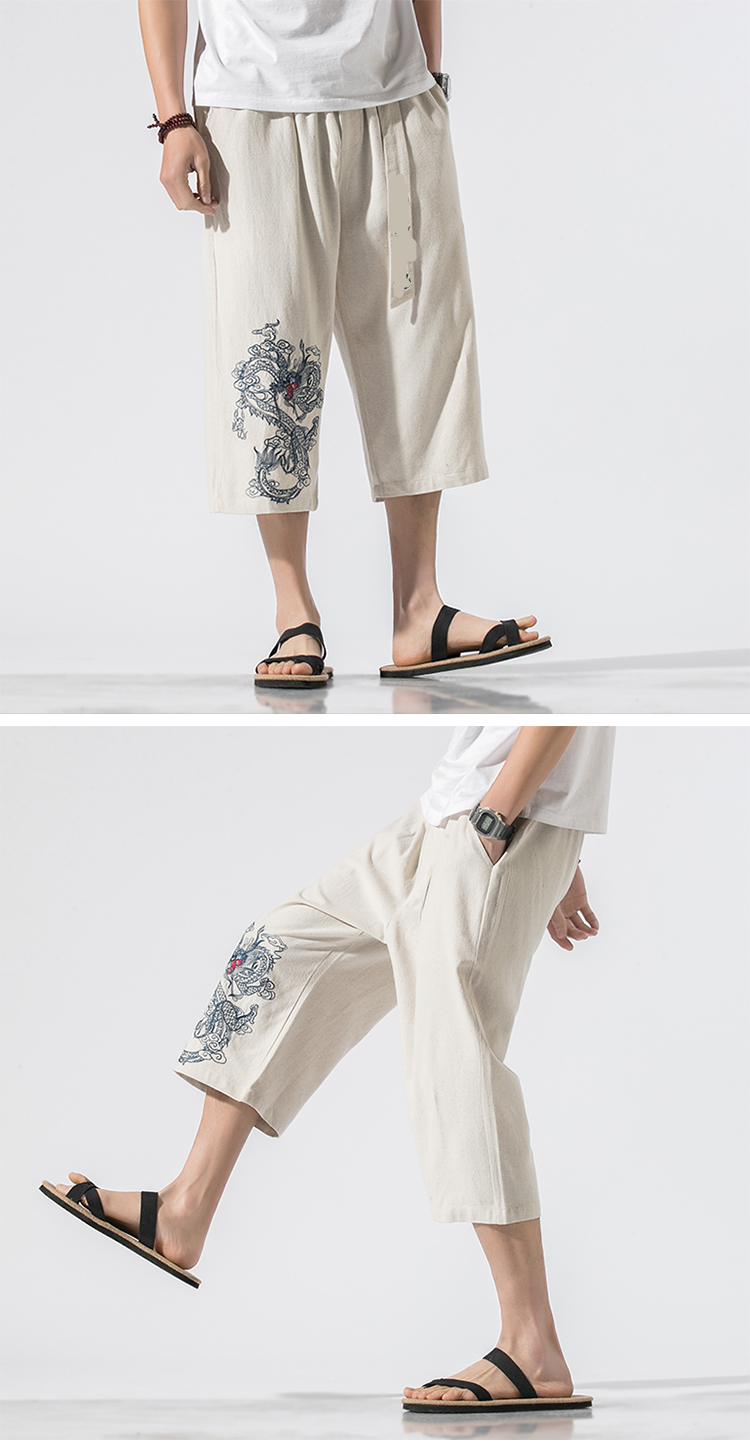 Chinese Style Embroidered Cotton And Linen Casual Cropped Trousers For Young Men'S Loose Plus Size Trendy Pants For Men