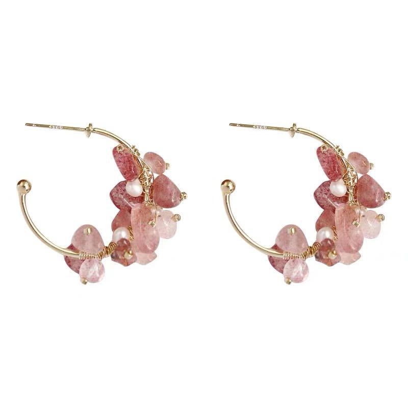 Palace Style Natural Pearl Powder Crystal Strawberry Girl Super Fairy Niche 925 Silver Needle Earrings