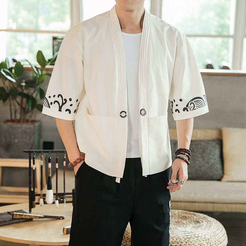 Chinese Style Summer Three-Quarter Sleeves Antique Tang Suit Print Jacket Jacket Men