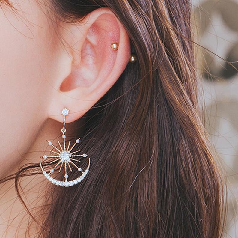 New Star and Moon Earrings S925 Silver Needle Earrings Temperament Sun Star Moon Net Red Earrings