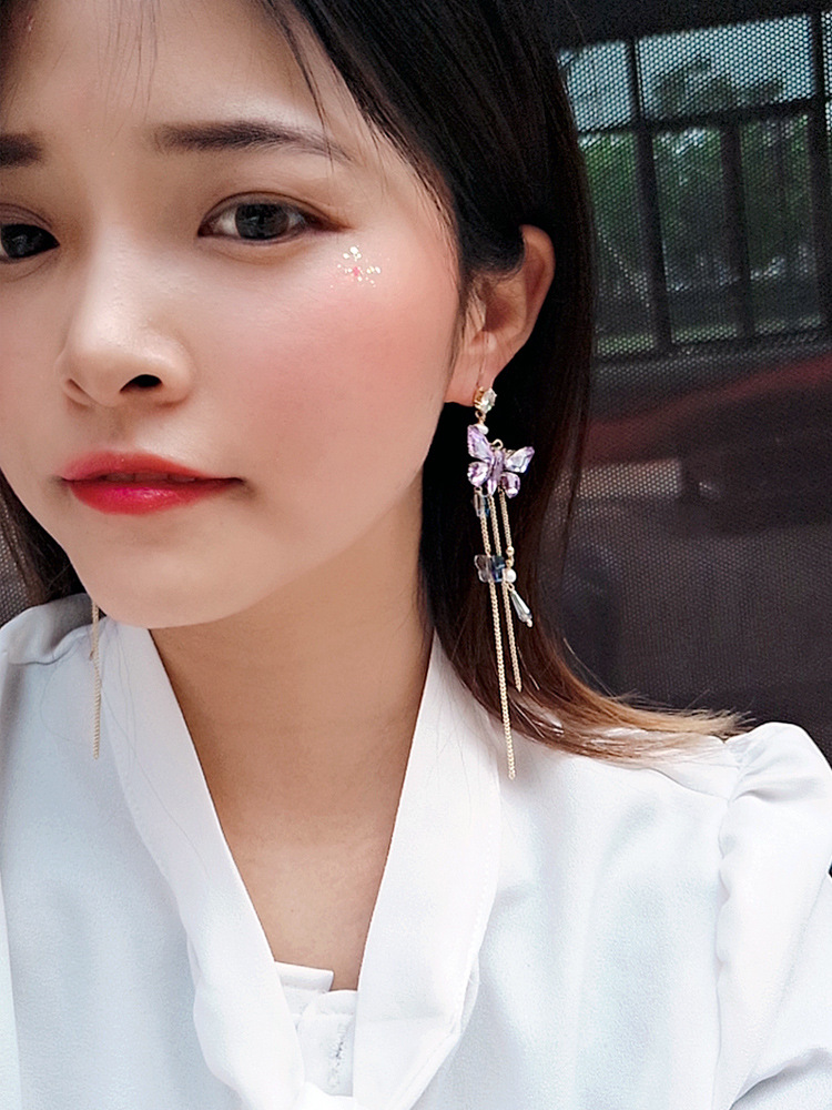 New Earrings Fairy Purple Crystal Butterfly Earrings