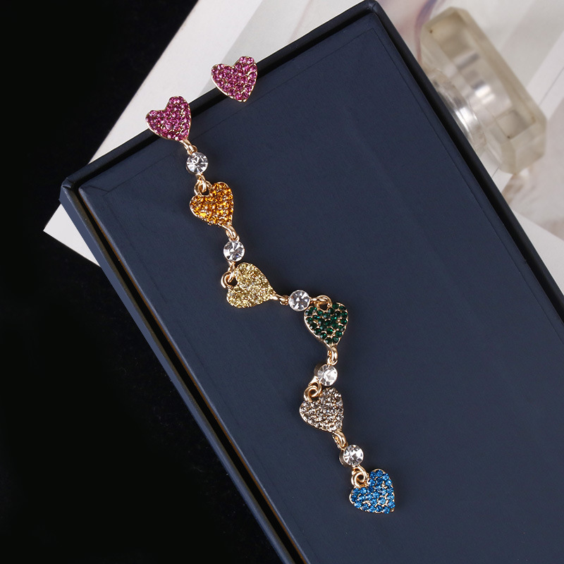 Korean Fashion Asymmetric Colorful Crystal Love Earrings Drop Earrings Female Long Tassel Earrings