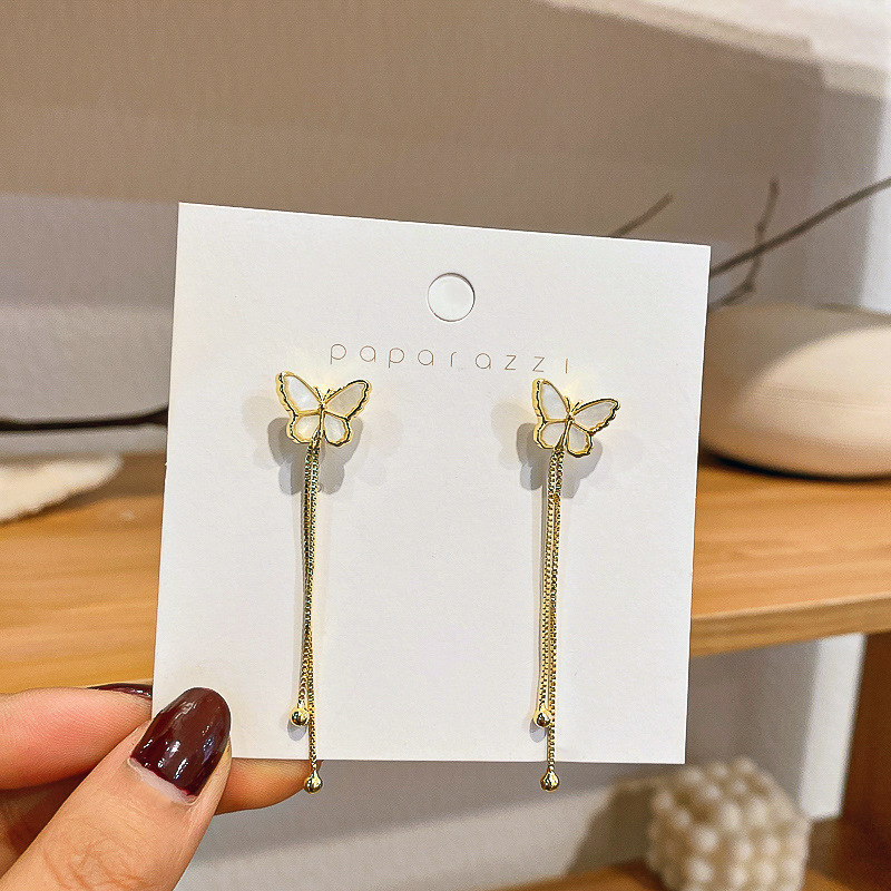 S925 Silver Needle Ins Super Fairy White Mother Butterfly Earrings Long Tassel Temperament Earrings Korea Dongdaemun Earrings