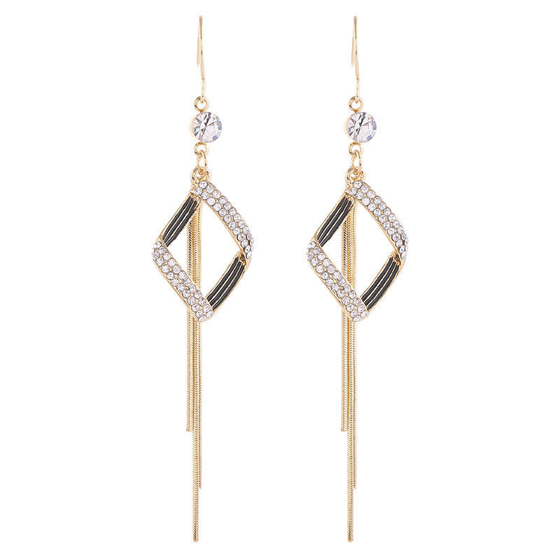 Diamond-Studded Rhombus Tassel Ear Hooks New Wild Temperament Earrings Earrings Retro Style Earrings